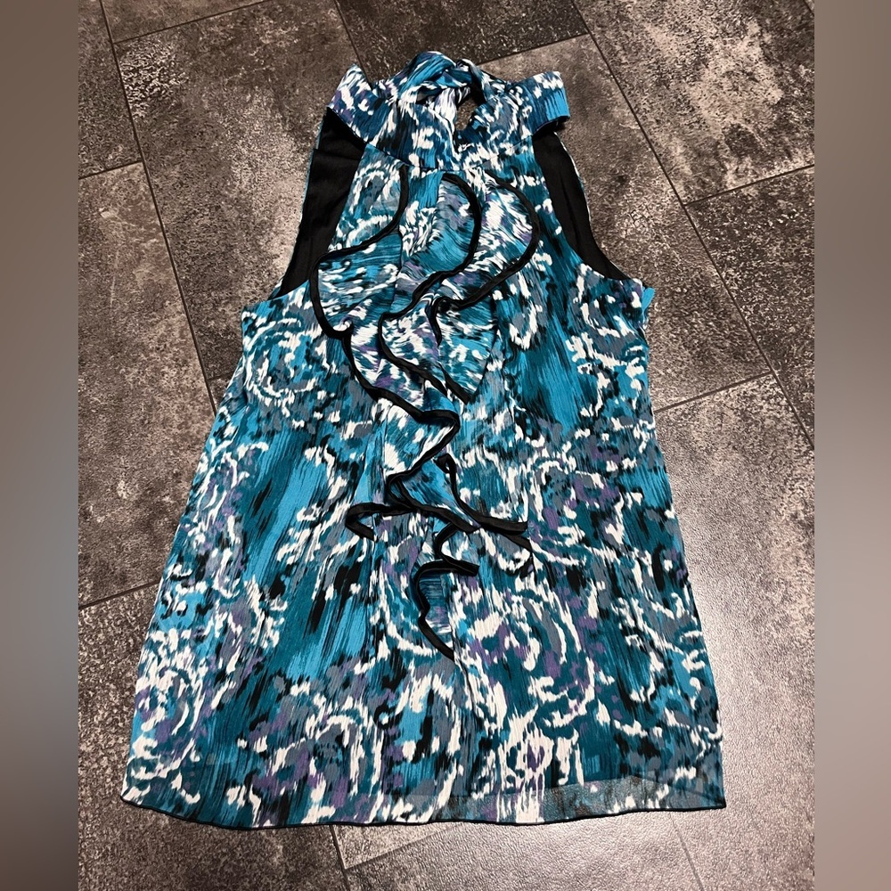 Gorgeous Dressy Teal/Black/White High Neck Sleeveless Ruffle Top